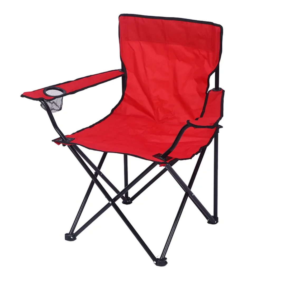 Red folding chair with black frame on a white background