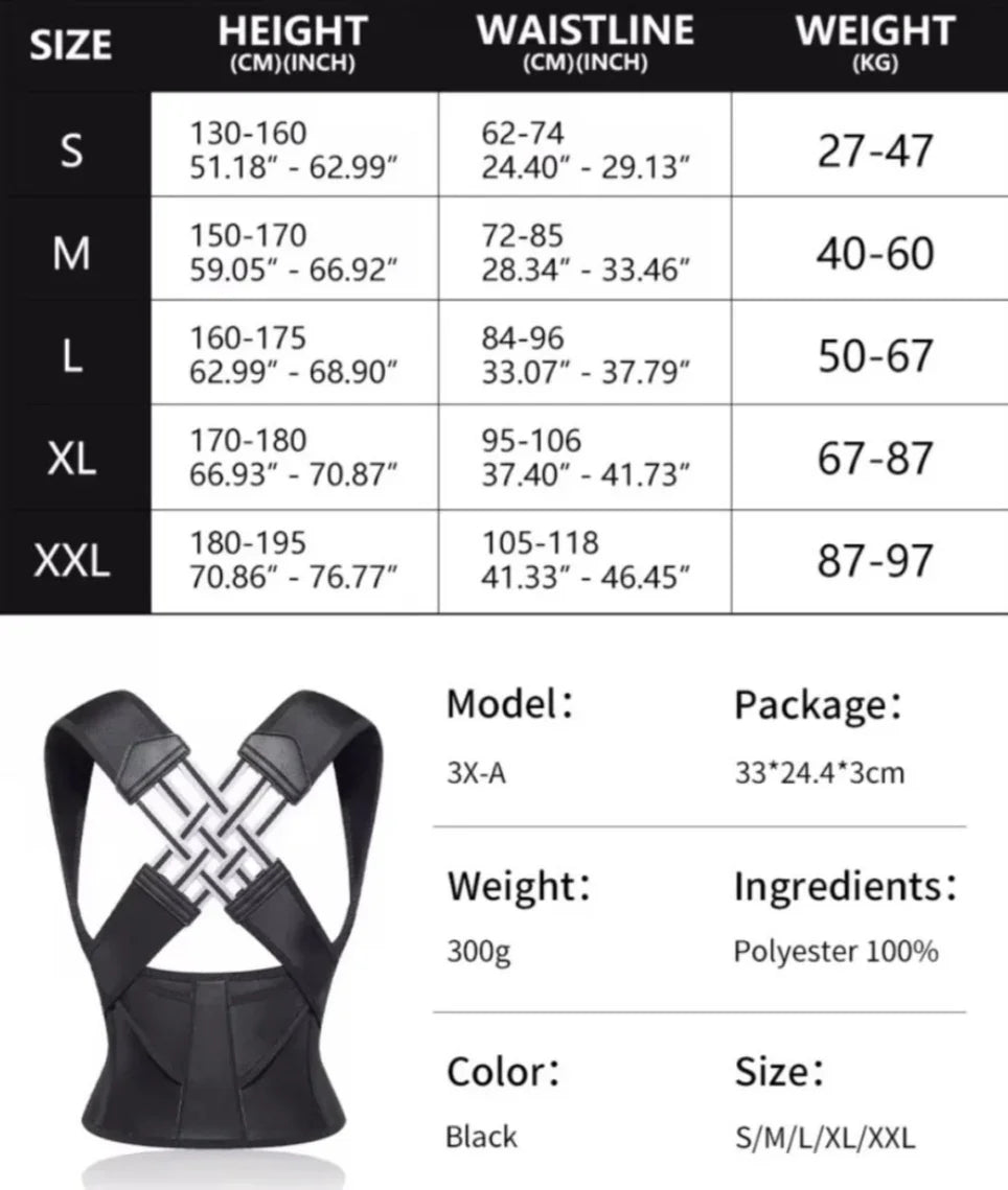 Size chart for back posture corrector