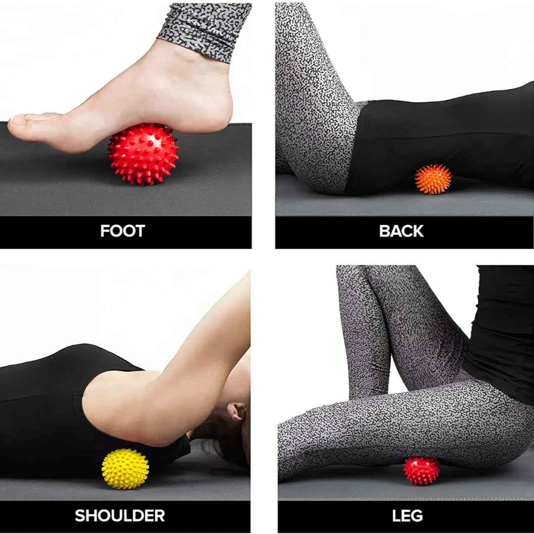 Four panels showing a person using a red, orange, yellow, and red massage ball on different parts of their body.