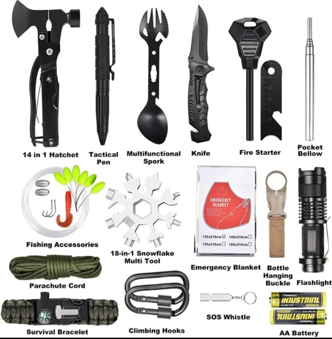 Portable utdoor survival kit with essential emergency tools for camping and hiking