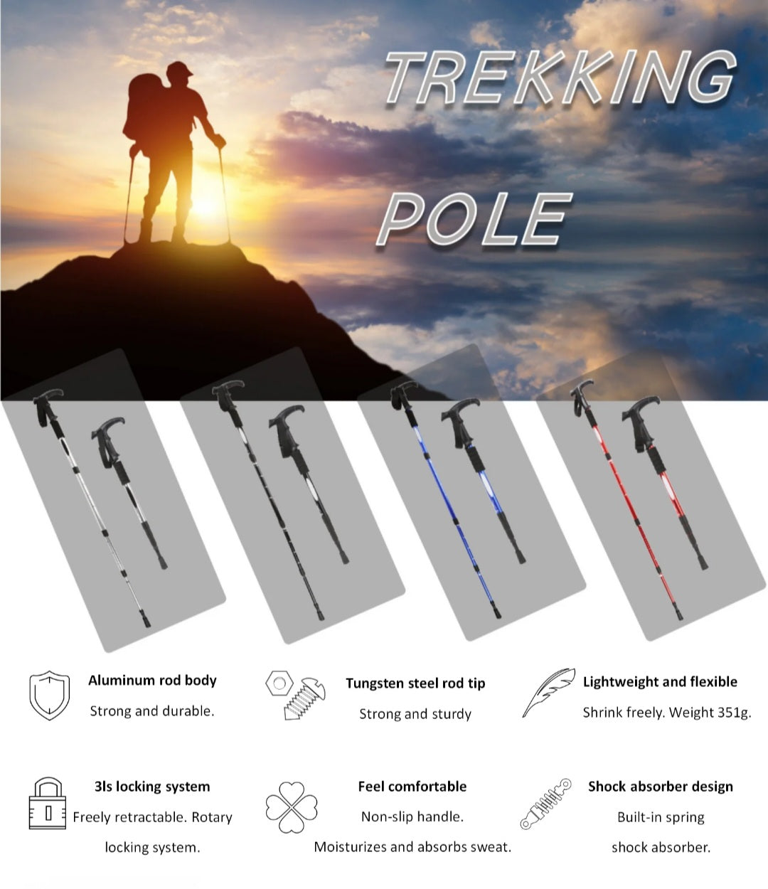 Trekking pole advertisement with silhouette of hikers on a mountain and product features listed.