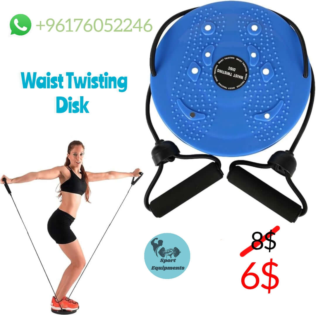 Blue waist twisting disk with resistance bands and a woman demonstrating its use, on a white background.