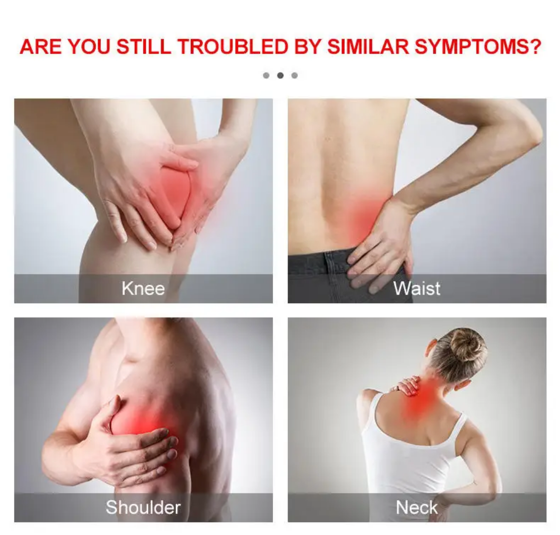 Four images showing different body parts with red highlights indicating pain: knee, waist, shoulder, and neck that ultrasound machine can treat