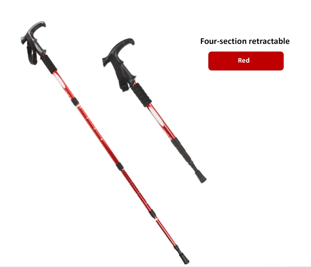 red four-section retractable walking sticks on a white background with a red label indicating color.