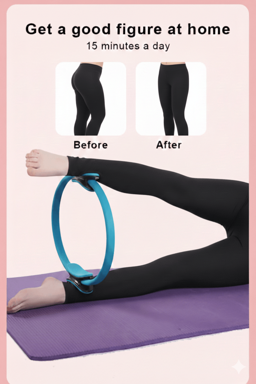 Person using a blue exercise ring with 'Before' and 'After' images of legs on a pink background.