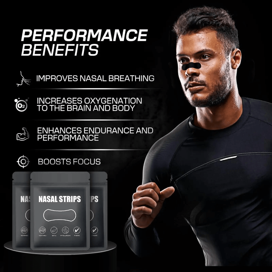 Man wearing nasal strips with performance benefits text and nasal strip packages on a black background